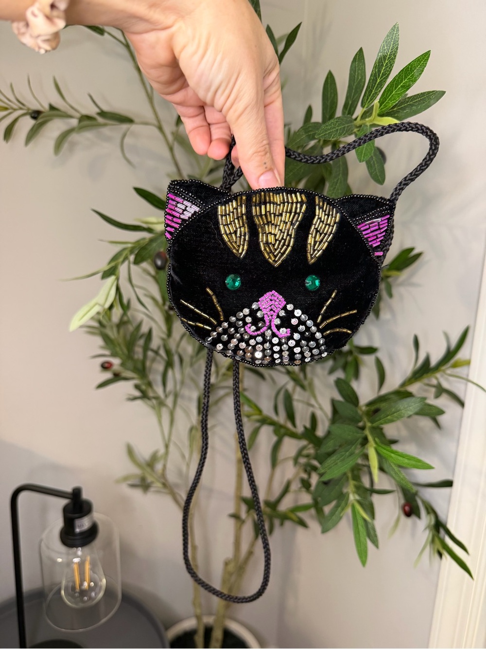 Vintage Black Cat Beaded Sequin Crossbody Mini Purse